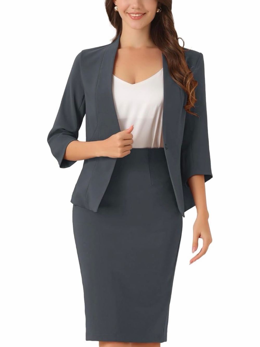 Allegra K Dark Gray Pencil Skirt Suit - Women's Two-Piece Office Set
